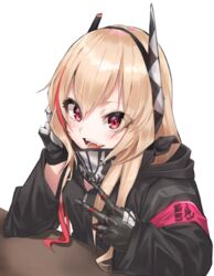  applepie_(12711019) armband black_jacket commentary fangs female girls&#039;_frontline gloves headgear highres jacket light_brown_hair long_hair looking_at_viewer m4_sopmod_ii_(girls&#039;_frontline) mechanical_hands multicolored_hair open_mouth red_eyes red_hair scarf simple_background single_glove single_mechanical_hand solo streaked_hair two-tone_hair v white_background 