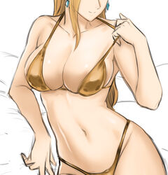  absurdres bare_arms bare_shoulders bed_sheet bikini blonde_hair breasts cleavage collarbone commentary crystal_earrings dinelind_(drill_(emilio)) drill_(emilio) earrings female gold_bikini groin head_out_of_frame highres jewelry large_breasts long_hair navel original smile solo stomach strap_pull swimsuit 