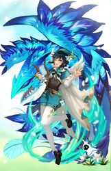  1boy androgynous argyle_clothes argyle_pantyhose barbatos_(genshin_impact) beret black_hair blue_hair blush bow braid brooch collared_cape collared_shirt commentary_request corset detached_wings dragon dvalin_(genshin_impact) elemental_(creature) feathered_wings feathers flower frilled_sleeves frills full_body gem genshin_impact gradient_hair green_eyes green_hat green_shorts gunmetalrose hair_flower hair_ornament hat hat_flower highres holding holding_instrument instrument jewelry leaf long_sleeves looking_at_viewer lyre male_focus multicolored_hair one_eye_closed open_mouth pantyhose pinwheel shirt shoes short_hair_with_long_locks shorts sidelocks simple_background smile solo sparkle twin_braids venti_(genshin_impact) vision_(genshin_impact) white_background white_flower white_pantyhose white_shirt white_wings wings 