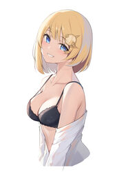  absurdres bad_id bad_pixiv_id bare_shoulders black_bra blonde_hair blue_eyes bob_cut bra breasts cleavage collarbone commentary cropped_torso female from_side grin hair_ornament head_tilt highres hololive hololive_english korean_commentary lace-trimmed_bra lace_trim looking_at_viewer medium_breasts off_shoulder open_clothes open_shirt shirt short_hair simple_background smile solo spaghetti_strap strap_gap underwear upper_body virtual_youtuber watson_amelia white_background white_shirt ziro_(zirorong) 