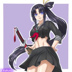  alternate_costume black_hair black_serafuku black_shirt black_skirt blue_eyes border contemporary fate/grand_order fate_(series) female hand_on_own_hip holding holding_sword holding_weapon katana long_hair looking_at_viewer midriff minamoto_no_raikou_(fate) minamoto_no_raikou_(swimsuit_lancer)_(fate) minamoto_no_raikou_(swimsuit_lancer)_(second_ascension)_(fate) navel parted_bangs purple_background scabbard school_uniform serafuku sheath shirt side_ponytail skirt solo sword twitter_username ushiwakamaru_(fate) very_long_hair weapon white_border zantyarz 