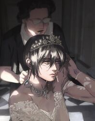  2girls absurdres bare_shoulders black_hair crying crying_with_eyes_open dress glasses highres jewelry lips mikasa_ackerman multiple_girls scar shingeki_no_kyojin tears thisuserisalive tiara upper_body wedding_dress white_dress 