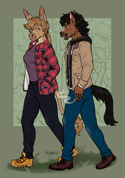  5_fingers anthro asinus bazted black_hair boots braided_hair breasts brown_hair cigarette clothed clothing donkey duo equid equine female fingers flannel flannel_shirt footwear fully_clothed hair hand_in_pocket harrison_maker hi_res horse jacket looking_at_another male mammal outside pockets shoes simple_background smile topwear walking zarina_venkatesh 