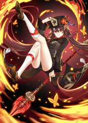  :d absurdres brown_footwear brown_hair female full_body genshin_impact hat highres hu_tao_(genshin_impact) kneehighs legs legs_up linreplica long_sleeves looking_at_viewer red_eyes shoes shorts smile socks solo staff_of_homa_(genshin_impact) twintails white_socks 