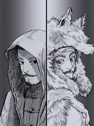  2boys aged_down black_eyes facial_hair fur golden_kamuy greyscale highres hood looking_at_viewer looking_back male_focus monochrome moustache multiple_boys pelt scar screentones tsurumi_tokushirou upper_body wilk_(golden_kamuy) wolf_pelt yokayoka_(derm0g) 