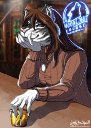  absurd_res alcohol anthro avora_kuma bar beverage clothing ear_piercing felid female glass hi_res jewelry littlebadwolf lounge mammal pantherine pendant piercing smile solo sweater tiger topwear 