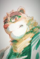  2020 absurd_res anthro bear brown_body brown_fur clothing eyewear fur glasses heylaw21 hi_res lifewonders male mammal portrait shirt simple_background solo tokyo_afterschool_summoners topwear volos_(tas) 