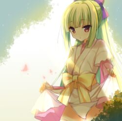  backlighting bloom blunt_bangs blunt_ends bow bug butterfly cariboy chinese_commentary clothes_lift commentary_request day eyelashes female green_hair hairbow hime_cut japanese_clothes kimono lifting_own_clothes long_hair long_sleeves looking_at_animal murasame_(senren) official_alternate_costume official_alternate_hairstyle outdoors panties parted_lips pink_butterfly pink_skirt pink_sleeves ponytail purple_bow red_eyes senren_banka short_sleeves sidelocks simple_background skirt skirt_lift solo straight_hair underwear very_long_hair white_kimono white_panties yellow_background yellow_bow 