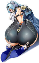  ass ass_focus backless_leotard bad_id bad_twitter_id black_hairband black_headband black_leotard blue_cape blue_hair bodystocking cape clothing_cutout eula_(genshin_impact) female from_behind fumihiko_(fu_mihi_ko) genshin_impact hairband headband high_heels highres huge_ass jewelry leotard looking_at_viewer medium_hair multicolored_eyes purple_eyes solo thighs yellow_eyes 