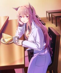  3_small_spiders absurdres animal_ear_fluff animal_ears bags_under_eyes breasts commentary_request female food girls&#039;_frontline grey_shirt hand_on_own_cheek hand_on_own_face hand_on_table highres long_hair looking_at_viewer open_clothes open_mouth open_robe persica_(girls&#039;_frontline) pink_hair purple_eyes robe shirt sitting solo table white_robe 