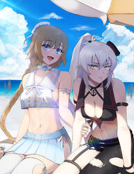  2girls absurdres ahoge bare_shoulders beach beach_umbrella bikini black_gloves blonde_hair blue_eyes blue_sky blush braid breast_press breasts cleavage collarbone crop_top day fate/apocrypha fate/grand_order fate_(series) fingerless_gloves gloves highres jeanne_d&#039;arc_(fate) jeanne_d&#039;arc_(mystery_treasure)_(fate) jeanne_d&#039;arc_alter_(fate) jeanne_d&#039;arc_alter_(mystery_treasure)_(fate) large_breasts long_braid long_hair looking_at_viewer magictuna miniskirt multiple_girls navel official_alternate_costume open_mouth outdoors ponytail single_braid sitting skirt sky smile swimsuit thighs umbrella very_long_hair white_gloves white_hair yellow_eyes 