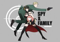  1boy 2girls :o ahoge anya_(spy_x_family) black_dress black_gloves black_hair black_thighhighs blonde_hair blue_eyes breasts carrying cleavage closed_mouth commentary copyright_name dress earrings eden_academy_school_uniform flower full_body gloves gold_hairband green_jacket green_pants grey_background gun hair_flower hair_ornament hairband holding holding_gun holding_weapon horn_ornament horns jacket jewelry lifting_person lolicon long_sleeves looking_to_the_side multi-strapped_dress multiple_girls onegingek pants pendant pink_hair red_eyes revolver rose school_uniform shoulder_carry sidelocks sleeveless sleeveless_dress spy_x_family standing suit_jacket sweatdrop symbol-only_commentary thighhighs twilight_(spy_x_family) weapon yor_briar 