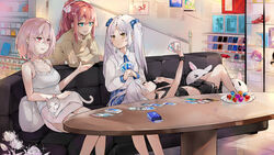  4girls :&lt; :d animal bare_arms bare_shoulders black_shorts blue_eyes blue_skirt brown_sweater camisole candy card collared_shirt commentary_request couch crop_top dema_hmw feline figure food food_in_mouth glint hair_ornament hairclip hand_up highres holding holding_candy holding_card holding_food holding_lollipop indoors lap_pillow lollipop long_hair long_sleeves lying midriff mouth_hold multiple_girls navel on_back on_couch original parted_lips pink_hair plate pleated_skirt ponytail puffy_long_sleeves puffy_sleeves red_hair ribbed_sweater school_uniform shirt short_shorts shorts sitting skirt smile sweater table teeth tile_floor tiles triangle_mouth two_side_up upper_teeth_only white_camisole white_hair white_shirt white_skirt 