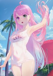  :o ahoge aqua_hair arm_up armpits asymmetrical_breasts bare_arms bare_shoulders beach_umbrella blue_sky breasts cloud collarbone commentary covered_navel cowboy_shot crescent crescent_earrings day earrings female gradient_hair green_eyes hair_down hair_flip hands_in_hair heterochromia highres himemori_luna hololive jewelry light_blush long_hair medium_breasts multicolored_hair name_tag old_school_swimsuit one-piece_swimsuit open_mouth outdoors palm_tree pink_hair purple_eyes school_swimsuit sky solo swimsuit takami_masahiro translated tree umbrella very_long_hair virtual_youtuber water_drop white_one-piece_swimsuit 