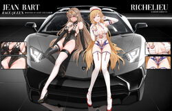  2girls ;d alternate_breast_size alternate_costume arm_support arm_up armpit_crease armpits artist_name asymmetrical_legwear azur_lane bare_shoulders bikini bikini_top_only bikini_under_clothes black_bikini black_bridal_gauntlets black_footwear black_legwear black_leotard blonde_hair boots breasts bridal_gauntlets brown_hair car center_opening character_name checkered_clothes checkered_leotard cleavage commentary copyright_name country_connection cross-laced_clothes cross-laced_leotard detached_sleeves dishwasher1910 elbow_gloves english_commentary eyewear_on_head french_flag gloves groin high_heels highleg highleg_leotard highres index_finger_raised jean_bart_(azur_lane) knee_up lamborghini lamborghini_aventador lamborghini_aventador_sv large_breasts leotard long_hair long_legs looking_at_viewer manjuu_(azur_lane) mismatched_legwear motor_vehicle multiple_girls navel one_eye_closed open_mouth pink_eyes race_queen revealing_clothes richelieu_(azur_lane) semi-rimless_eyewear skindentation smile sports_car sunglasses swimsuit thigh_boots thighhighs thighs very_long_hair white_headwear white_leotard white_thighhighs zipper zipper_legwear zipper_pull_tab 