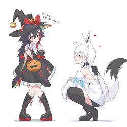  2girls adapted_costume alternate_footwear animal_ear_fluff animal_ears bell black_dress black_footwear black_hair black_headwear black_thighhighs boots braid breasts brown_eyes closed_eyes closed_mouth commentary cross-laced_footwear detached_sleeves dress ears_through_headwear eihire extra_ears facing_another flying_sweatdrops fox_ears fox_girl fox_tail frilled_dress frills full_body hair_between_eyes hair_ornament halloween_bucket hat heart high_heels highres hololive jingle_bell knee_boots knees_together_feet_apart lace-up_boots long_hair long_sleeves looking_away medium_breasts multicolored_hair multiple_girls ookami_mio open_mouth pigeon-toed red_hair shirakami_fubuki shirakami_fubuki_(1st_costume) shirt simple_background squatting standing streaked_hair tail thighhighs translation_request very_long_hair virtual_youtuber white_background white_hair white_shirt wide_sleeves witch_hat wolf_ears wolf_girl 