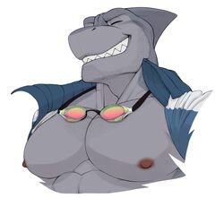  2019 abs anthro body_hair chest_hair closed_eyes clothing eyewear facial_hair fin fish goggles male marine muscular muscular_anthro muscular_male nipples pecs peyton_(repzzmonster) repzzmonster shark sharp_teeth simple_background smile solo swimming_goggles teeth topwear white_background 