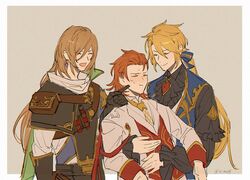  3boys :d :t aglovale_(granblue_fantasy) black_shirt blonde_hair blush brothers brown_hair cheek_poking closed_eyes commentary earrings frilled_shirt frills granblue_fantasy grey_background hair_ribbon jewelry lamorak_(granblue_fantasy) long_bangs long_hair long_sleeves male_focus medium_hair multiple_boys necktie open_mouth ornament percival_(granblue_fantasy) poking pout red_hair ribbon shirt siblings single_earring smile sweatdrop symbol-only_commentary tied_hair tomo_(tomorag7) vial white_shirt wing_collar 