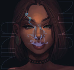  absurdres blanclauz bob_cut brown_hair character_name choker close-up dark-skinned_female dark_skin ear_piercing eyelashes female forehead green_eyes half-closed_eyes highres lipgloss lips looking_at_viewer nina_(blanclauz) nose original parted_lips piercing plug_(piercing) portrait short_hair smoke smoking solo thick_eyebrows 