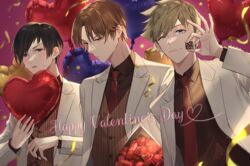  3boys balloon berry_o_t black_eyes black_hair black_shirt blue_eyes blush bouquet brown_eyes brown_hair brown_vest chocolate collared_shirt dress_shirt english_text food hand_up heart_balloon holding holding_food inukai_sumiharu jacket long_sleeves male_focus multiple_boys necktie ninomiya_masataka one_eye_closed open_mouth pink_background red_necktie shirt short_hair sweat tsuji_shinnosuke valentine vest white_jacket world_trigger 