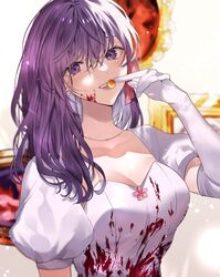  blood blood_on_clothes blurry blurry_background breasts cleavage collarbone commentary dress elbow_gloves fate/stay_night fate_(series) female gloves grey_gloves hair_ribbon highres holding large_breasts long_hair long_sleeves matou_sakura oerba_yun_fang official_alternate_costume pink_ribbon puffy_short_sleeves puffy_sleeves purple_hair ribbon shimatori_(sanyyyy) short_sleeves solo symbol-only_commentary teeth upper_body upper_teeth_only white_dress 