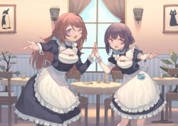  2girls absurdres apron bare_legs black_bow black_dress bow breasts brown_hair candle chair cleavage_cutout clothing_cutout commentary_request commission curtains dress fallenshadow frilled_apron frilled_dress frills glass hair_ornament hand_on_another&#039;s_hand highres indie_virtual_youtuber indoors juliet_sleeves large_breasts long_bangs long_dress long_hair long_sleeves looking_at_viewer maid maid_apron maid_cafe medium_hair multiple_girls napkin nina_saotome non-web_source open_mouth peroncho petite picture_frame pink_eyes plant potted_plant puffy_short_sleeves puffy_sleeves purple_eyes red_bow red_hair restaurant sharp_teeth short_sleeves skeb_commission small_breasts table teeth victorian_maid virtual_youtuber wall_lamp white_apron window 