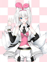  alternate_costume animal_ear_fluff animal_ears azur_lane bare_shoulders black_necktie black_sleeves blue_eyes breasts buttons checkered_background coat commentary_request cosplay crossover detached_sleeves double-breasted female fox_ears hairband highres hokkaidonder kaga_(azur_lane) kitsune kizuna_ai kizuna_ai_(cosplay) kizuna_ai_(elegant) kizuna_ai_inc. kyuubi large_tail looking_at_viewer medium_breasts midriff_peek multicolored_coat multiple_tails navel necktie one_eye_closed pink_background pink_coat pink_hairband shorts solo tail two-tone_background two-tone_coat white_background white_coat white_hair white_shorts white_tail 