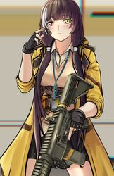  3_small_spiders black_gloves black_skirt blush breasts brown_hair brown_vest closed_mouth colt_9mm_smg feet_out_of_frame female fingerless_gloves girls&#039;_frontline gloves gun hair_ornament hairclip hand_up headphones heterochromia highres holding holding_gun holding_weapon jacket long_hair looking_at_viewer multicolored_hair open_clothes open_jacket red_eyes ro635_(girls&#039;_frontline) shirt simple_background skirt solo standing trigger_discipline vest weapon white_shirt yellow_eyes yellow_jacket 