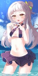  bikini bikini_skirt black_bikini black_skirt blush breasts brown_eyes choker cloud female hair_bun heart heart_hands highres hololive long_hair miniskirt murasaki_shion murasaki_shion_(hololive_summer_2019) navel open_mouth outdoors pochiwan1108 skirt sky small_breasts smile solo swimsuit thighs virtual_youtuber wading water white_hair 