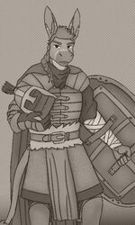  3:5 ambiguous_gender anthro armor asinus belt belt_buckle buckle clothed clothing donkey equid equine female hair headgear helmet holding_armor holding_headgear holding_helmet holding_object looking_at_viewer mammal mercenary monochrome oneflymagpie shield simple_background solo zarina_venkatesh 