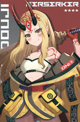  absurdres adapted_costume bandeau black_nails blonde_hair character_name dolce_(dolsuke) earrings facial_mark fang_out fate/grand_order fate_(series) female fingernails forehead_mark highres horns ibaraki_douji_(fate) jacket jewelry long_hair oerba_yun_fang oni oni_horns pointy_ears sharp_fingernails sidelocks smile solo star_(symbol) yellow_eyes yellow_jacket 