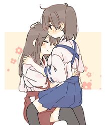  2girls akagi_(kancolle) akagi_kai_ni_(kancolle) black_thighhighs blue_hakama blush brown_eyes brown_hair closed_eyes closed_mouth commentary floral_print hakama hand_on_another&#039;s_head hand_on_another&#039;s_shoulder hands_on_another&#039;s_hips ina_(1813576) japanese_clothes kaga_(kancolle) kaga_kai_ni_(kancolle) kantai_collection kimono long_hair multiple_girls ponytail red_hakama sitting sitting_on_person straight_hair symbol-only_commentary thighhighs white_kimono yuri 