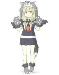  akara_kai animal_hands black_ribbon black_serafuku blonde_hair claws commentary_request female full_body gloves hair_flaps hair_ribbon kantai_collection long_hair looking_at_viewer neckerchief paw_gloves paw_shoes red_eyes red_neckerchief ribbon sailor_collar school_uniform serafuku simple_background solo tail white_background white_sailor_collar wolf_hood wolf_tail yuudachi_(halloween_mode)_(kancolle) yuudachi_(kancolle) yuudachi_kai_ni_(kancolle) 