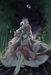  2girls back-to-back bamboo bamboo_forest barefoot blouse blue_dress blue_headwear bow bowtie braid braided_ponytail breasts brown_eyes brown_hair cloud constellation_print dress eclipse eientei facing_away fisheye forest gensokyo hat highres houraisan_kaguya knees_up leaf_print long_hair long_skirt looking_at_viewer low_ponytail medium_breasts multiple_girls nature nurse_cap on_roof otomeza_ryuseigun pink_shirt red_dress red_skirt shirt sitting skirt sky solar_eclipse standing touhou twilight two-tone_dress upskirt very_long_hair white_bow white_bowtie white_hair wide_sleeves yagokoro_eirin 