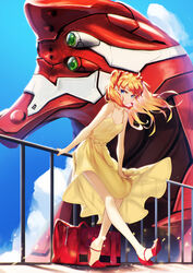  bag bare_shoulders blue_eyes blueorca breasts cloud commentary day english_commentary eva_02 female high_heels highres leaning_forward long_hair looking_at_viewer mecha medium_breasts neon_genesis_evangelion orange_hair outdoors railing red_footwear robot shoes sitting sky smile solo souryuu_asuka_langley spaghetti_strap standing standing_on_one_leg two_side_up wind 