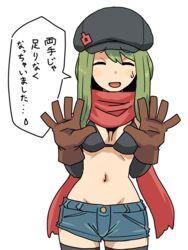  :d ^_^ bikini bikini_top_only black_bikini black_hat black_sleeves black_thighhighs blue_shorts blush_stickers breasts brown_gloves cabbie_hat closed_eyes commentary_request detached_sleeves facing_viewer female gloves green_hair hands_up hat long_hair long_sleeves medium_breasts muu_(mumumer) navel original red_scarf scarf short_shorts shorts simple_background smile solo sweat swimsuit thighhighs translation_request white_background yunomiya_agari 