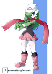  absurdres arms_up artist_name bare_shoulders beanie black_shirt black_socks blush boots breasts clothed_pokemon colored_skin commentary cosplay cracking_knuckles dawn_(pokemon) dawn_(pokemon)_(cosplay) english_commentary female full_body gardevoir green_hair green_skin hair_ornament hair_over_one_eye hairclip happy hat highres interlocked_fingers knee_boots kneehighs legs_apart light_blush long_hair looking_at_viewer lucyfer miniskirt multicolored_skin nose_blush one_eye_covered open_mouth outstretched_arms own_hands_together patreon_logo patreon_username pink_footwear pink_skirt poke_ball_symbol pokemon pokemon_(creature) pokemon_dppt red_eyes red_scarf scarf shiny_skin shirt simple_background skirt sleeveless sleeveless_shirt small_breasts smile socks solo standing thighs two-tone_background two-tone_skin watch watermark white_background white_hat white_skin wristwatch 