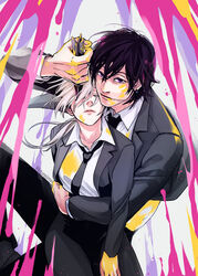  1boy arrow_(projectile) artist_logo black_hair black_jacket black_necktie black_pants blood blood_on_clothes blood_on_face blood_on_hands chainsaw_man closed_eyes collared_shirt earrings female formal holding holding_arrow hug intestines jacket jewelry kishibe_(chainsaw_man) kishibe_(young)_(chainsaw_man) kitunejima long_hair looking_at_viewer necktie pants pink_blood ponytail protected_link purple_blood quanxi_(chainsaw_man) scar scar_on_face shirt simple_background stitched_face stitches stylized_blood suit twitter_username unconscious white_background white_hair white_shirt 