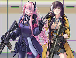  2girls 3_small_spiders assault_rifle black_gloves black_jacket black_legwear black_scarf black_skirt blush breasts brown_hair brown_vest closed_mouth colt_9mm_smg feet_out_of_frame fingerless_gloves girls&#039;_frontline gloves gun hair_ornament hairclip hand_up headphones heterochromia highres holding holding_gun holding_weapon jacket long_hair looking_at_viewer m4_carbine m4_sopmod_ii m4_sopmod_ii_(girls&#039;_frontline) multicolored_hair multiple_girls open_clothes open_jacket open_mouth pantyhose pink_eyes pink_hair red_eyes rifle ro635_(girls&#039;_frontline) scarf shirt simple_background skirt smile standing vest weapon white_shirt yellow_eyes yellow_jacket 