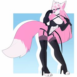  1:1 abs anthro athletic athletic_anthro athletic_female blue_eyes bondage boots canid canine canis clothed clothing copyright_symbol dominatrix feet female footwear fur hi_res high_heeled_boots high_heels konomofu latex legwear mammal pink_body pink_fur pose shoes solo suit symbol thigh_boots thigh_highs whip wolf 