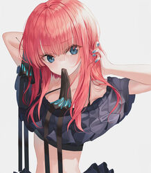  armpit_peek arms_behind_head arms_up bare_shoulders bikini black_bikini blue_eyes blue_nails female frilled_bikini frills go-toubun_no_hanayome hair_ornament hair_tie_in_mouth hand_in_own_hair hands_in_hair holding holding_own_hair long_hair looking_at_viewer mouth_hold nail_polish nakano_nino off-shoulder_bikini off_shoulder pink_hair shaffelli solo stomach string_bikini swimsuit tying_hair upper_body v-shaped_eyebrows 