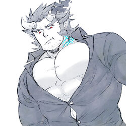  1boy bara body_markings broken_horn bursting_pectorals collared_shirt demon_boy demon_horns facial_hair from_below frown horns large_pectorals long_sideburns looking_at_viewer male_focus mature_male mugi_(pixiv_187163) muscular muscular_male oerba_yun_fang partially_unbuttoned pectoral_cleavage pectorals red_eyes shirt short_hair sideburns solo stubble takemaru_(housamo) thick_eyebrows tokyo_afterschool_summoners upper_body 