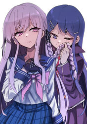  2girls black_gloves black_ribbon blue_eyes blue_sailor_collar blue_skirt bow bowtie braid collarbone commentary_request cosplay costume_switch danganronpa:_trigger_happy_havoc danganronpa_(series) frown gloves grey_shirt hair_ornament hair_ribbon hairclip hand_up highres holding holding_another&#039;s_hair jacket kirigiri_kyoko kirigiri_kyoko_(cosplay) long_hair long_sleeves maizono_sayaka maizono_sayaka_(cosplay) multiple_girls necktie one_eye_closed pink_bow pink_bowtie pink_eyes plaid plaid_skirt pleated_skirt purple_jacket purple_skirt red_necktie ribbon sailor_collar school_uniform shirt side_braid skirt smile tsunemi_aosa white_shirt yuri 