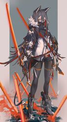  adapted_costume arknights black_hair black_leggings brown_eyes commentary_request dual_wielding female full_body gas_mask grey_background highres holding jacket kazukingu leggings long_hair long_sleeves looking_at_viewer mask mechanical_arms mechanical_boots mechanical_ears mechanical_tail multicolored_hair navel red_hair shorts solo standing sword tail texas_(arknights) two-tone_background two-tone_hair very_long_hair weapon 