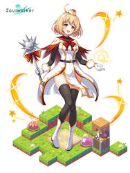  :d absurdres ahoge belt black_legwear blonde_hair boots bow bowtie breasts cape dress female full_body gloves haru_estia hat highres holding holding_weapon large_breasts lim_jaejin long_sleeves looking_at_viewer mace mini_hat no_panties official_art pelvic_curtain short_hair smile solo soul_worker thighhighs thighs weapon white_dress white_gloves yellow_eyes 