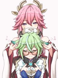  2girls animal_ears blush cleavage_cutout clothing_cutout dadamori ear_fondling genshin_impact glasses grabbing_another&#039;s_ear green_hair hair_ornament hand_on_another&#039;s_ear hat holding_ears japanese_clothes multiple_girls nontraditional_miko petting pink_hair purple_eyes stroking sucrose_(genshin_impact) vision_(genshin_impact) yae_miko yellow_eyes 