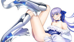  absurdres bare_shoulders blue_eyes blue_ribbon blush breasts choker collarbone fate/grand_order fate_(series) female frilled_one-piece_swimsuit frills grin hair_ribbon highleg highleg_swimsuit highres legs long_hair long_sleeves looking_at_viewer magictuna meltryllis_(fate) meltryllis_(swimsuit_lancer)_(fate) meltryllis_(swimsuit_lancer)_(second_ascension)_(fate) off-shoulder_one-piece_swimsuit off_shoulder one-piece_swimsuit prosthesis prosthetic_leg puffy_sleeves purple_hair ribbon sleeves_past_fingers sleeves_past_wrists small_breasts smile solo swimsuit very_long_hair 