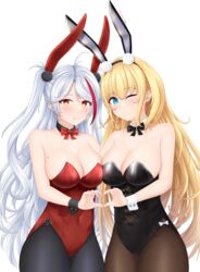  2girls absurdres alternate_costume azur_lane bow bowtie breasts center_opening cleavage cowboy_shot cross english_commentary heart heart_hands heart_hands_duo highres iron_cross large_breasts leotard long_hair looking_at_viewer multiple_girls nights_viper north_carolina_(azur_lane) north_carolina_(the_heart&#039;s_desire)_(azur_lane) official_alternate_costume pantyhose playboy_bunny prinz_eugen_(azur_lane) simple_background strapless strapless_leotard white_background wrist_cuffs 