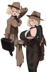  2girls belt black_sweater blonde_hair blue_eyes blush breastless_clothes breasts briefcase brown_skirt cleavage coat fedora florida-chan_(ryusei_hashida) hair_between_eyes hat highres huge_breasts large_breasts long_skirt looking_at_viewer medium_hair micro_bra multiple_girls multiple_views open_clothes open_coat open_mouth original pencil_skirt profile ryusei_hashida simple_background skirt smile suitcase sweater sweater_tucked_in tented_shirt tight_clothes trench_coat undressing v_over_eye veins veiny_breasts white_background 