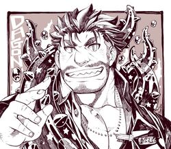  1boy artist_name bara beard bombom border brown_background character_name commentary_request dagon_(housamo) facial_hair fish_boy grin hand_up jewelry large_pectorals long_sideburns looking_at_viewer male_focus mature_male monochrome moustache muscular muscular_male necklace outside_border pectorals sharp_teeth sideburns signature smile solo stubble teeth tentacle thick_eyebrows tokyo_afterschool_summoners upper_body white_border 